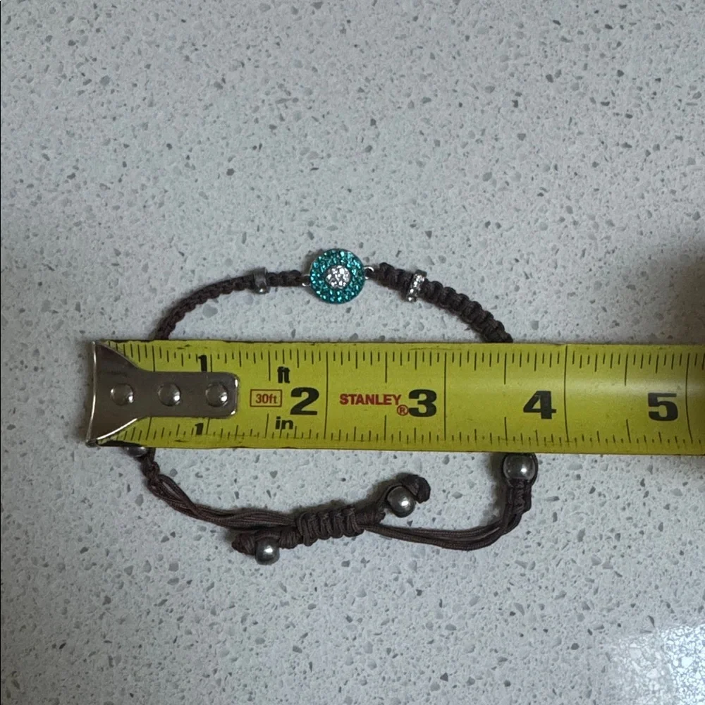 Blue pavé stone charm adjustable brown braided woven leather bracelet OS